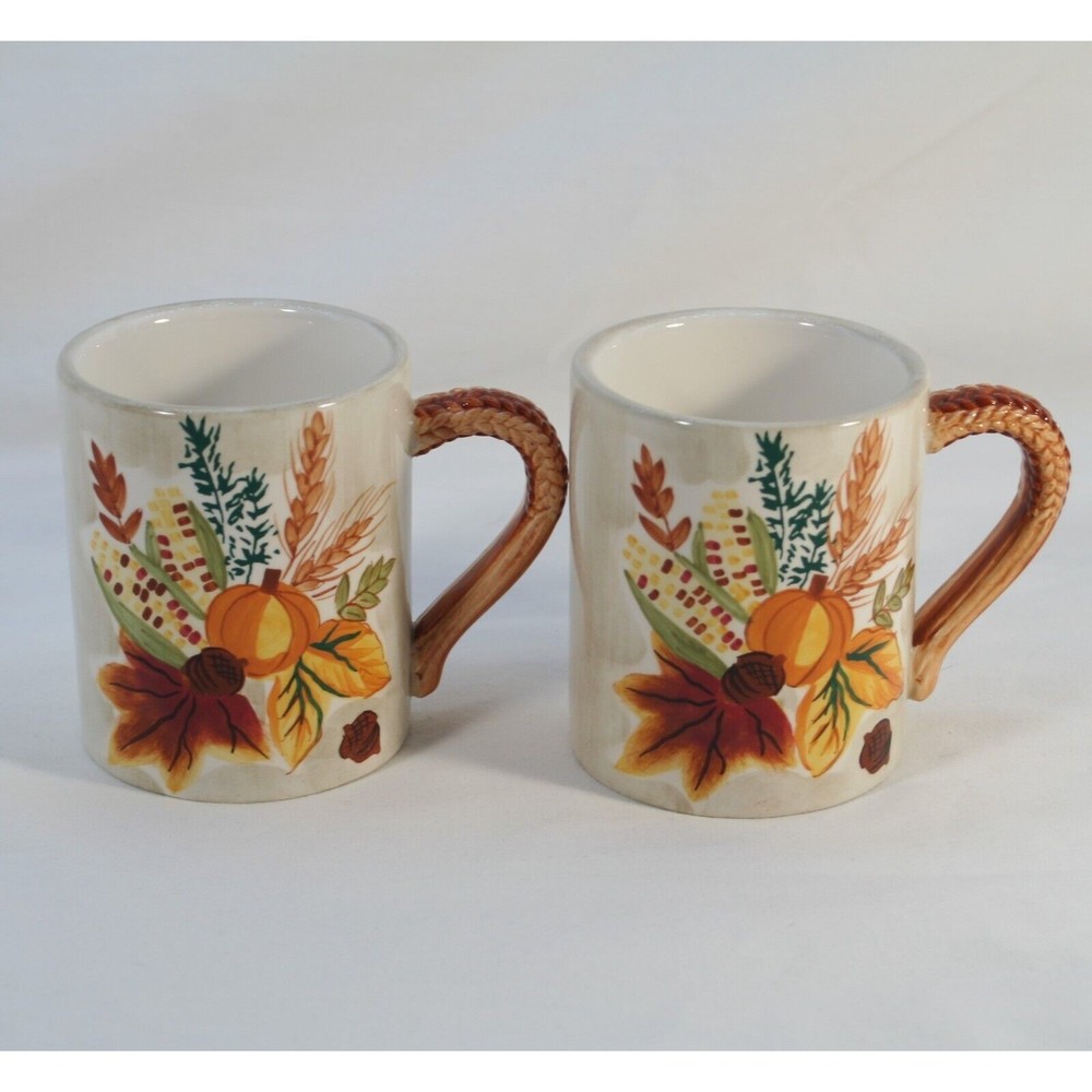 Asia Master Group Stonelite Clay Mug Lot Of 2 Fall Harvest Wheat Shaped Handle